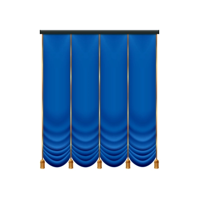 Realistic blue curtains composition with isolated image of luxury curtain with golden tie vector illustration