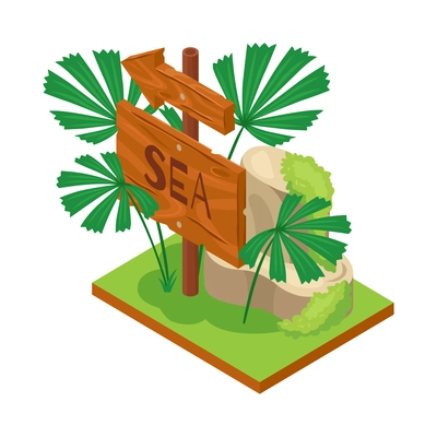 Isometric jungle composition with square piece of terrain and exotic plant with wooden signboard vector illustration