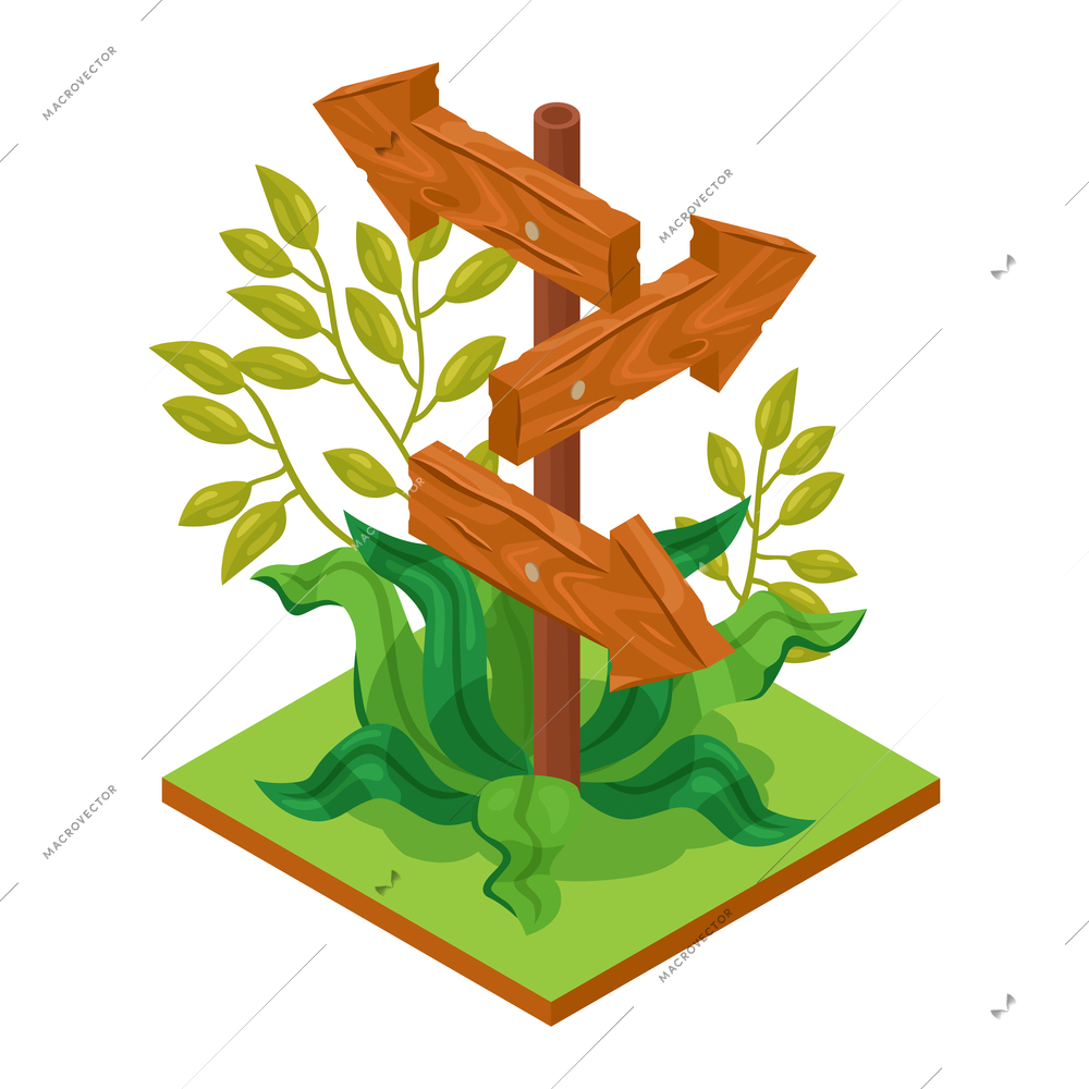 Isometric jungle composition with square piece of terrain and exotic plant with wooden signboard vector illustration