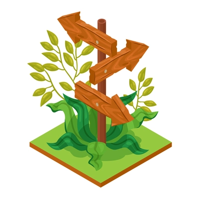 Isometric jungle composition with square piece of terrain and exotic plant with wooden signboard vector illustration