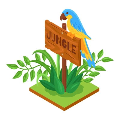 Isometric jungle composition with square piece of terrain and exotic plant with wooden signboard vector illustration