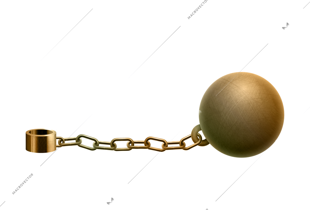 Golden chain realistic composition of golden chain attached to ball on blank background vector illustration