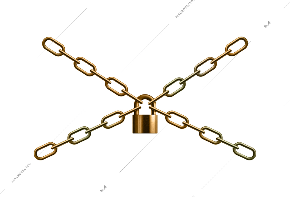 Golden chain realistic composition of golden chains with lock on blank background vector illustration