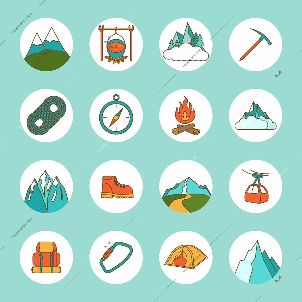 Mountain icons flat set with rope compass camping rock isolated vector illustration