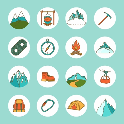 Mountain icons flat set with rope compass camping rock isolated vector illustration