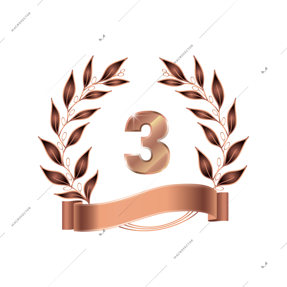 Contest awards emblem realistic composition with bronze laurel wreath with ribbon isolated vector illustration