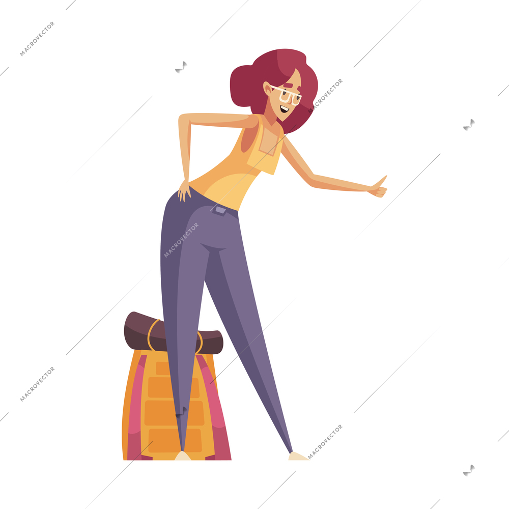 Hitchhiking autostop composition with doodle style character of traveling woman with bag vector illustration