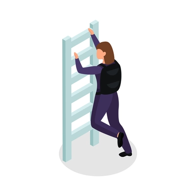 Special agent spy isometric composition with isolated character of female agent climbing up the ladder vector illustration