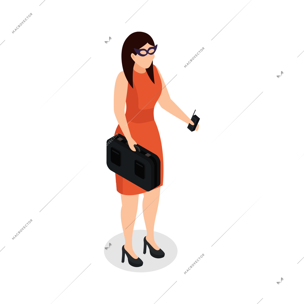 Special agent spy isometric composition with isolated female character in mask holding suitcase and remote device vector illustration