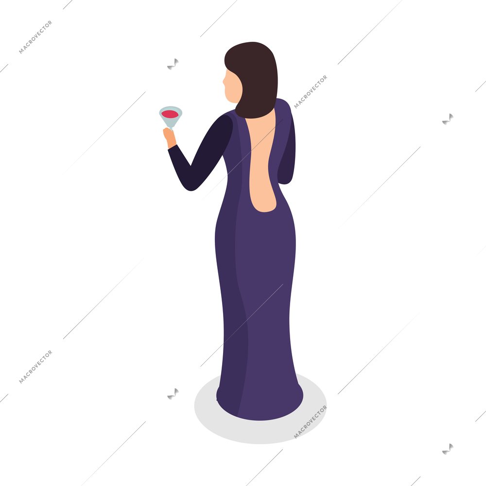 Special agent spy isometric composition with isolated character of woman in long dress with glass of wine vector illustration