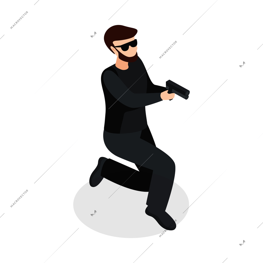 Special agent spy isometric composition with isolated human character in black mask holding pistol standing on knee vector illustration