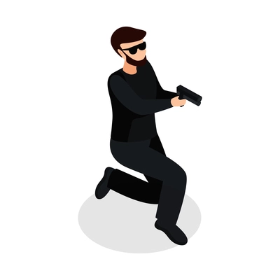 Special agent spy isometric composition with isolated human character in black mask holding pistol standing on knee vector illustration