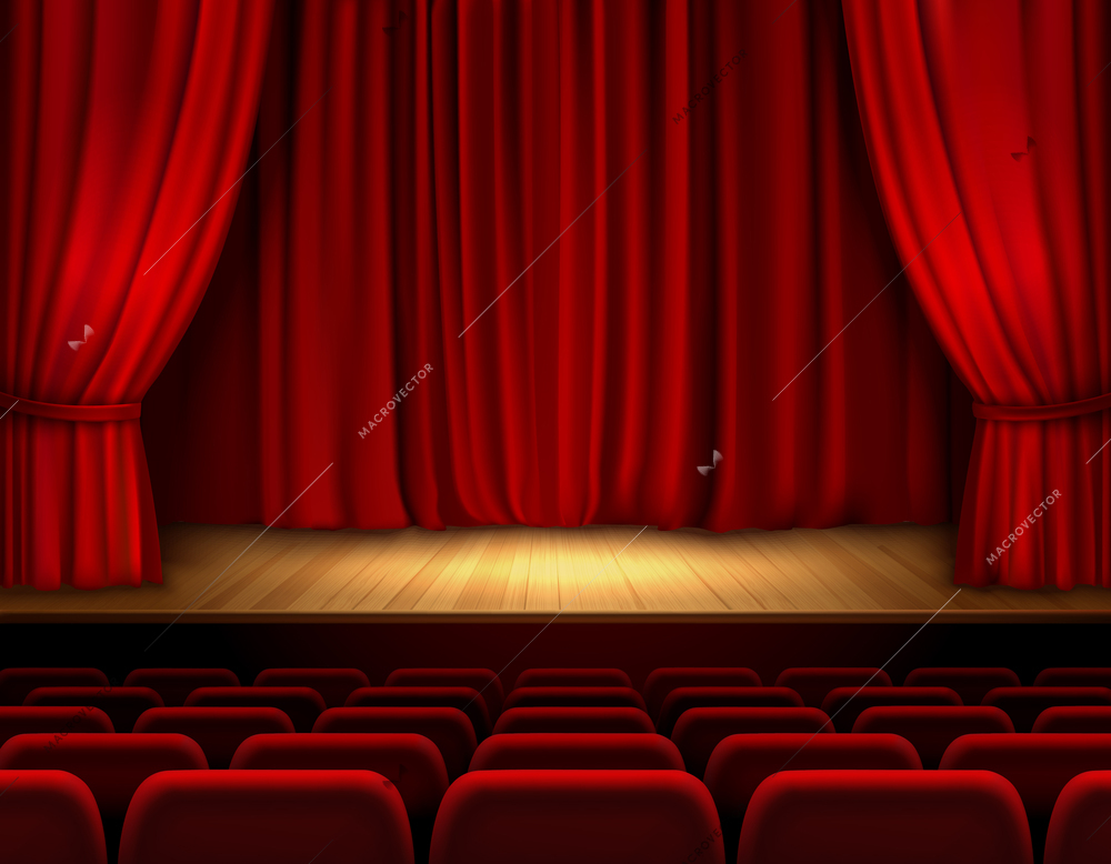 Theater stage with red velvet open retro style curtain background vector illustration