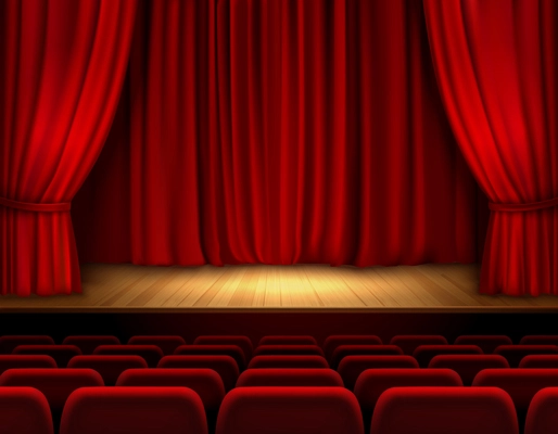 Theater stage with red velvet open retro style curtain background vector illustration