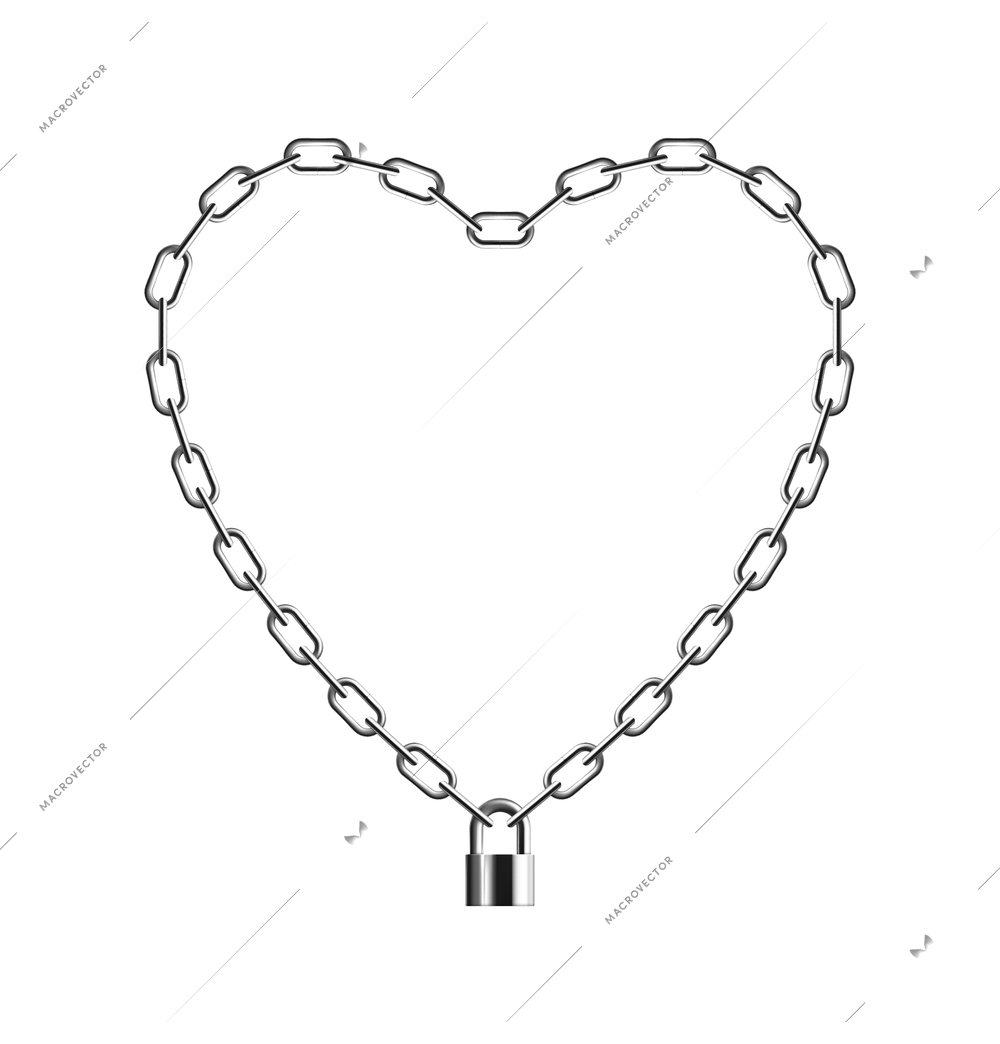 Metal chain frame realistic composition of heart shaped silver chain with lock vector illustration