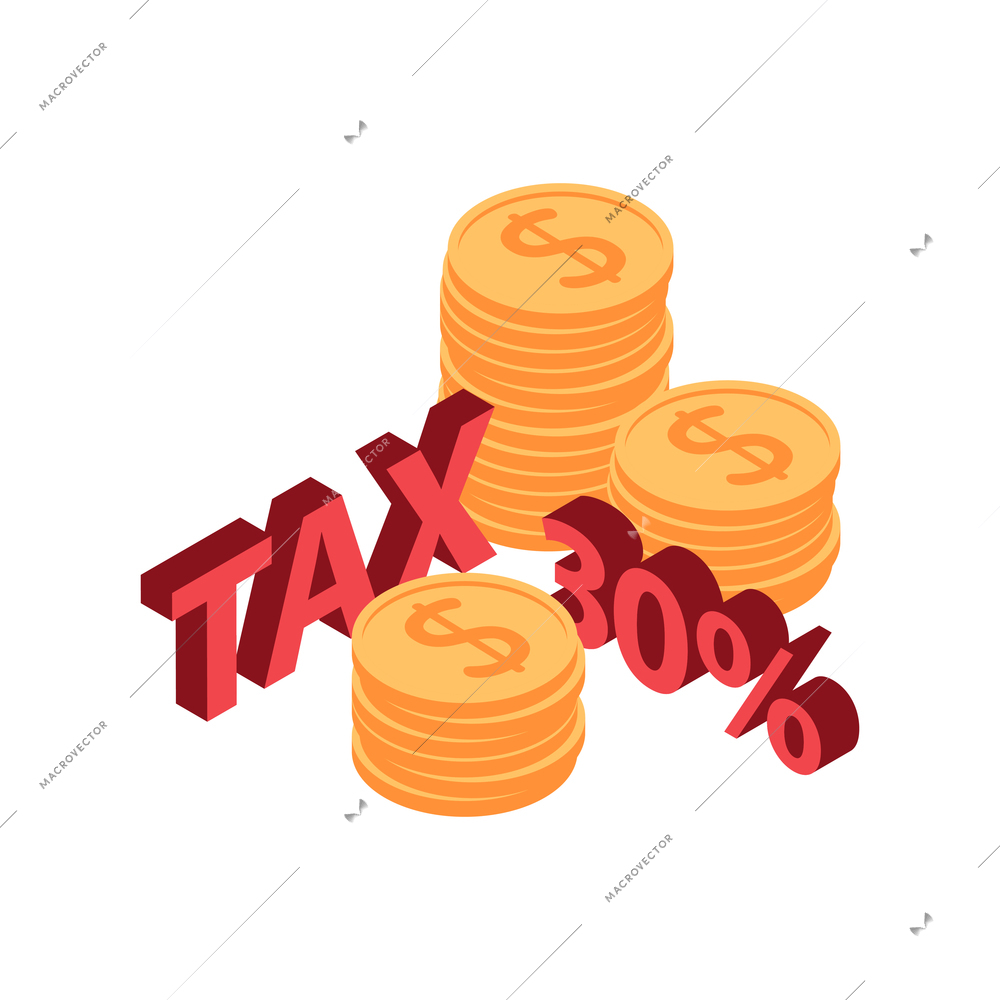 Isometric tax service accounting composition with 3d text among stacks of golden coins vector illustration