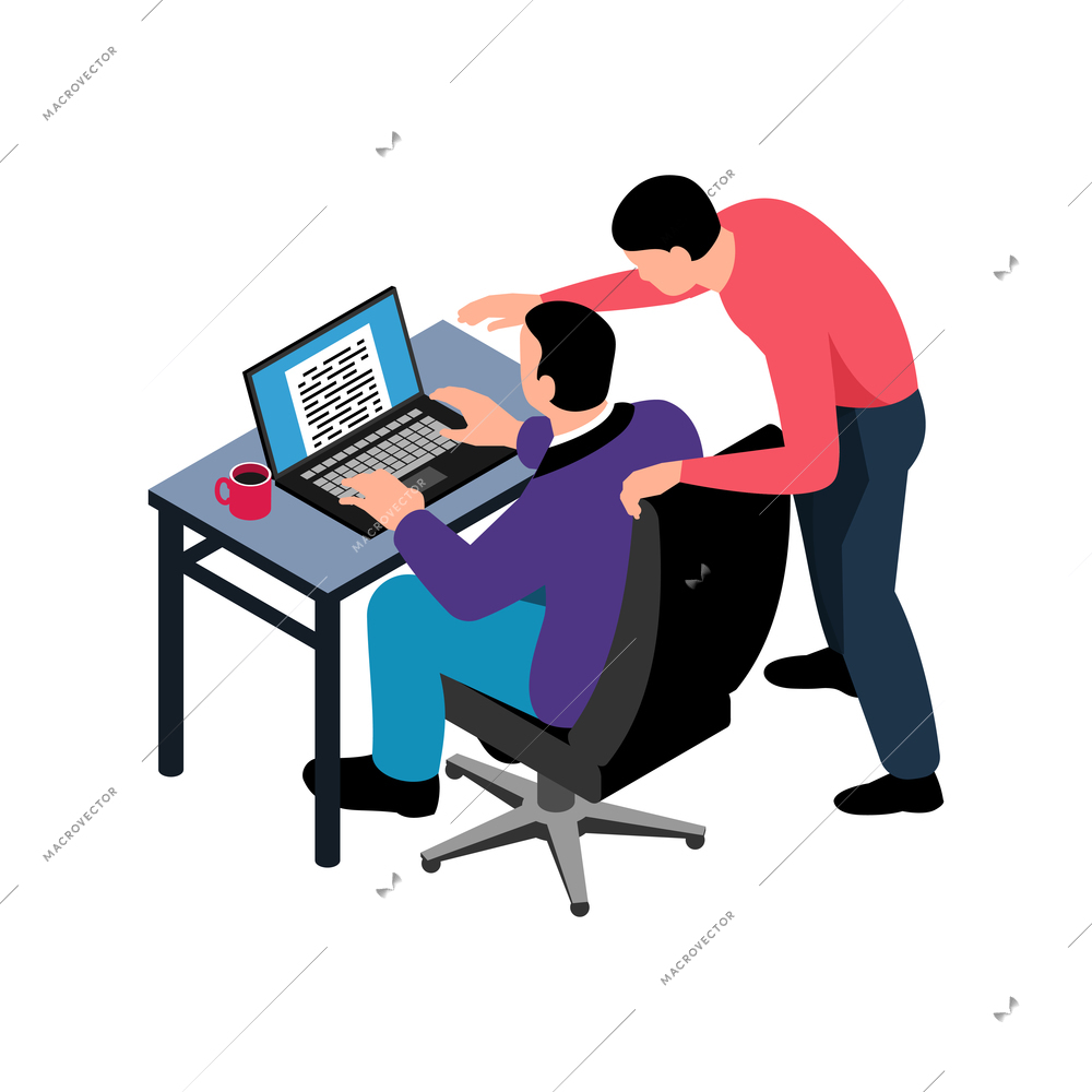 Isometric teamwork brainstorm composition with human characters of worker at table getting help by colleague vector illustration