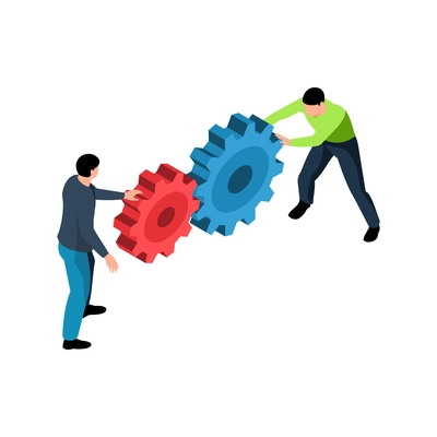 Isometric teamwork brainstorm composition with human characters of coworkers holding colorful gears vector illustration