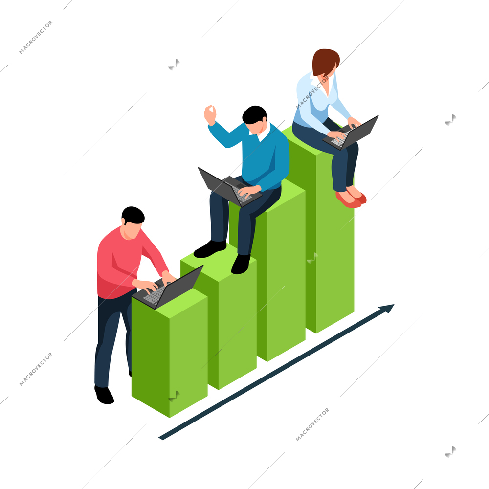 Isometric teamwork brainstorm composition with human characters of coworkers sitting on chart bars vector illustration