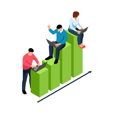 Isometric teamwork brainstorm composition with human characters of coworkers sitting on chart bars vector illustration
