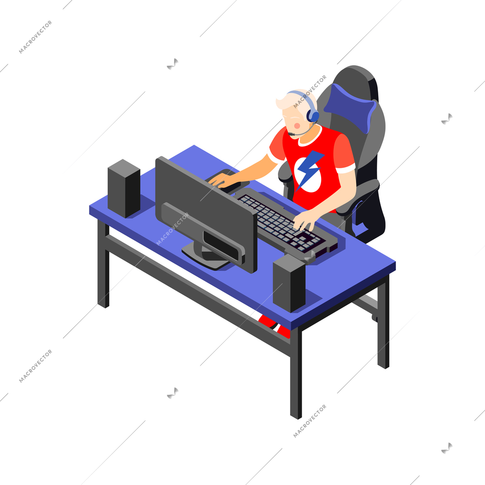 Cybersport isometric composition with characters of male player at computer table vector illustration