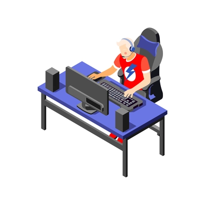 Cybersport isometric composition with characters of male player at computer table vector illustration