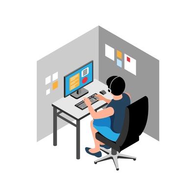 Isometric call center support composition with view of working place with computer and headset vector illustration