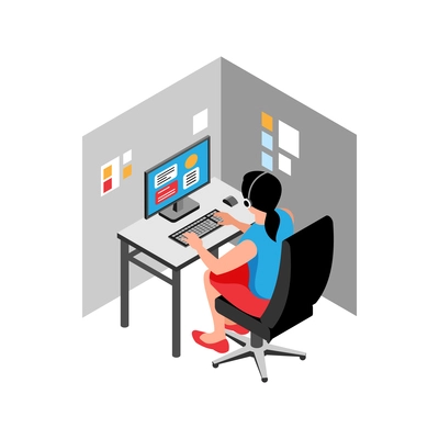 Isometric call center support composition with view of working place with computer and headset vector illustration