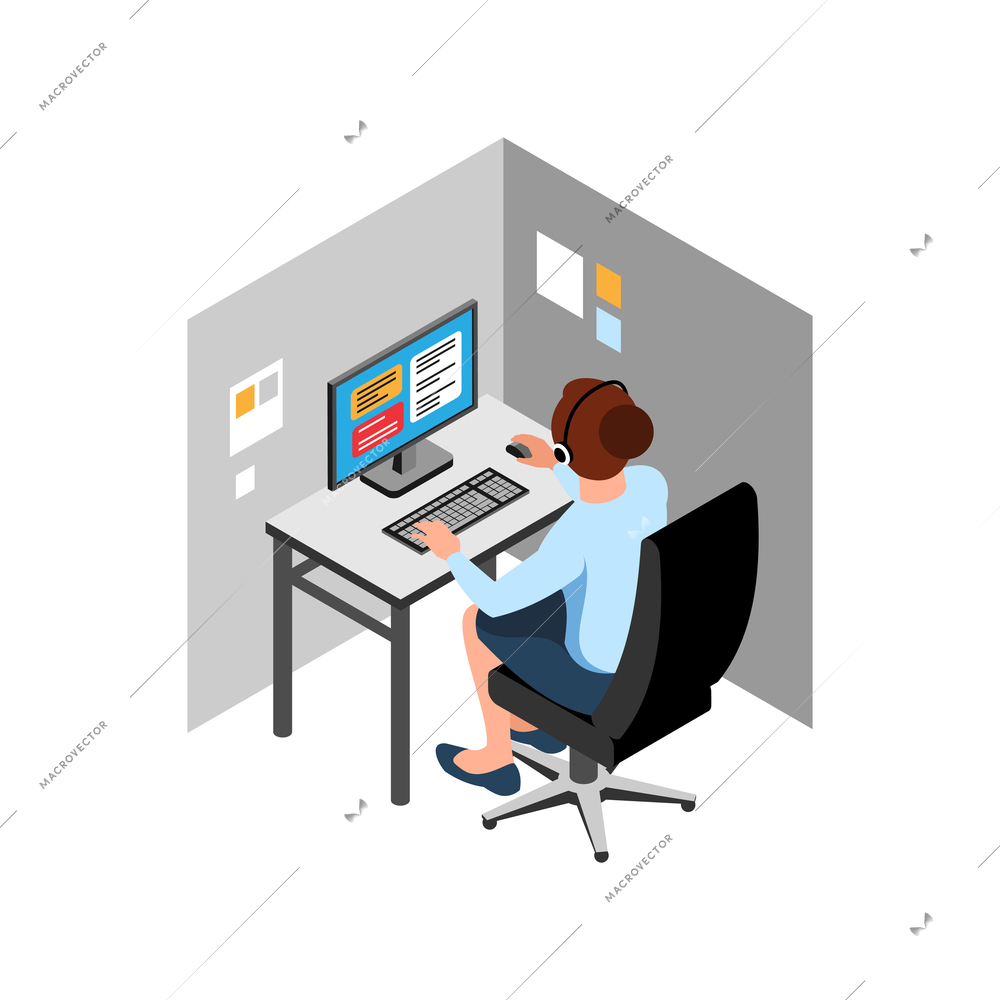 Isometric call center support composition with view of working place with computer and headset vector illustration