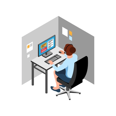 Isometric call center support composition with view of working place with computer and headset vector illustration