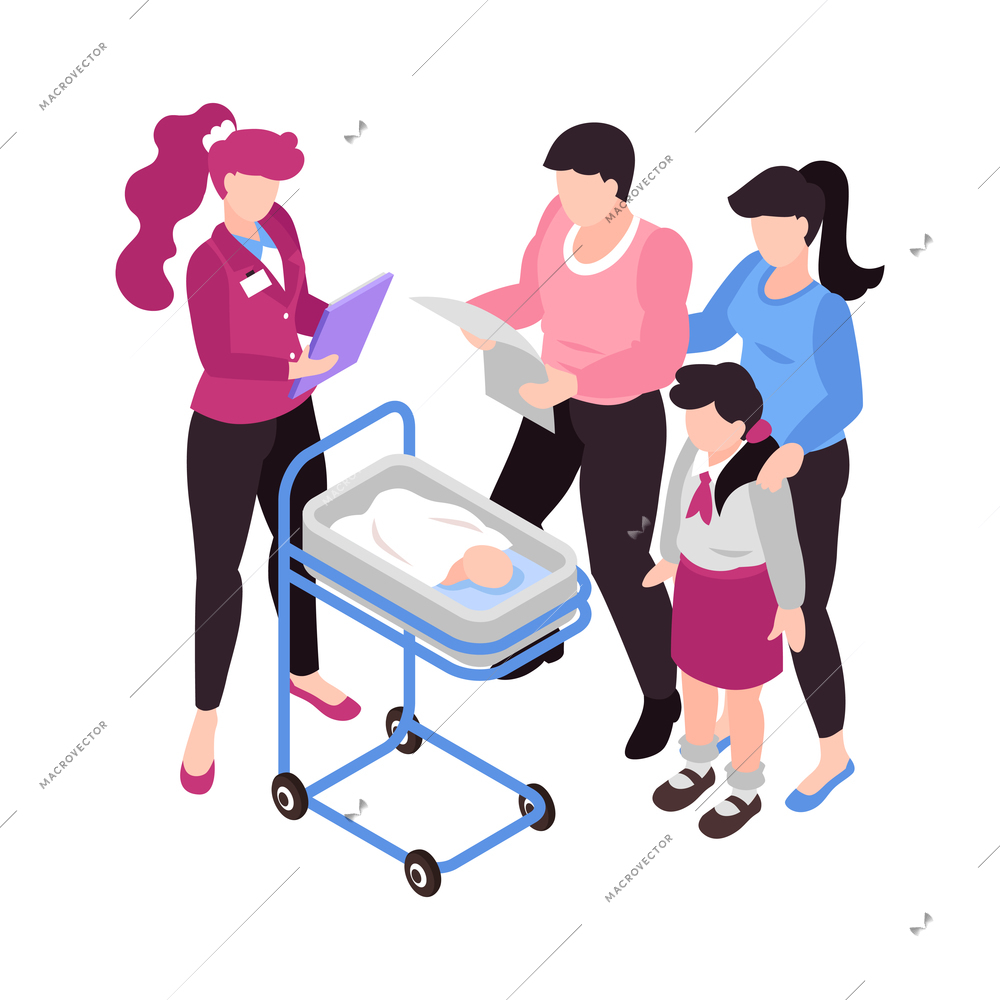 Isometric surrogacy adoption custody composition with characters of parents and baby on table with agent vector illustration