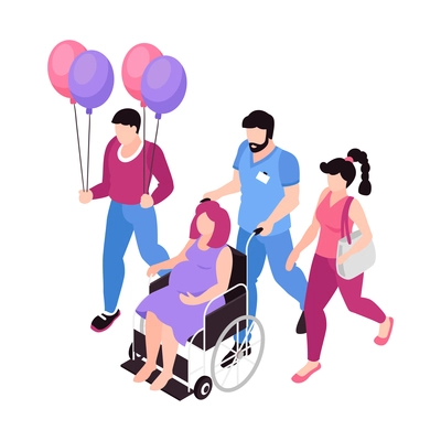 Isometric surrogacy adoption custody composition with characters of surrogate mother on wheelchair with doctor and parents with balloons vector illustration