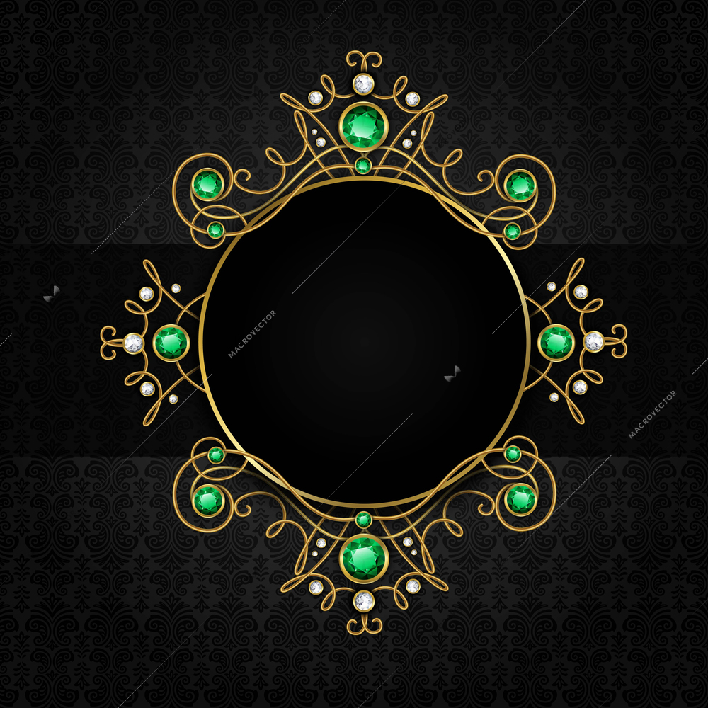Jewellery black classic vintage golden tiara with diamonds and green emeralds frame vector illustration