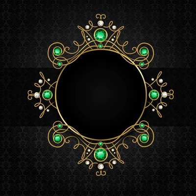 Jewellery black classic vintage golden tiara with diamonds and green emeralds frame vector illustration