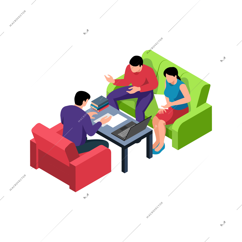 Isometric teamwork brainstorm composition with human characters of coworkers sitting on sofa with papers and laptop vector illustration