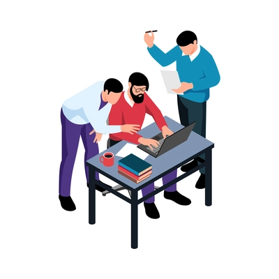 Isometric teamwork brainstorm composition with human characters of coworkers at desk with laptop solving task vector illustration