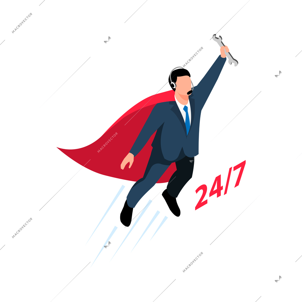 Isometric call center support composition with flying man in superhero suit vector illustration