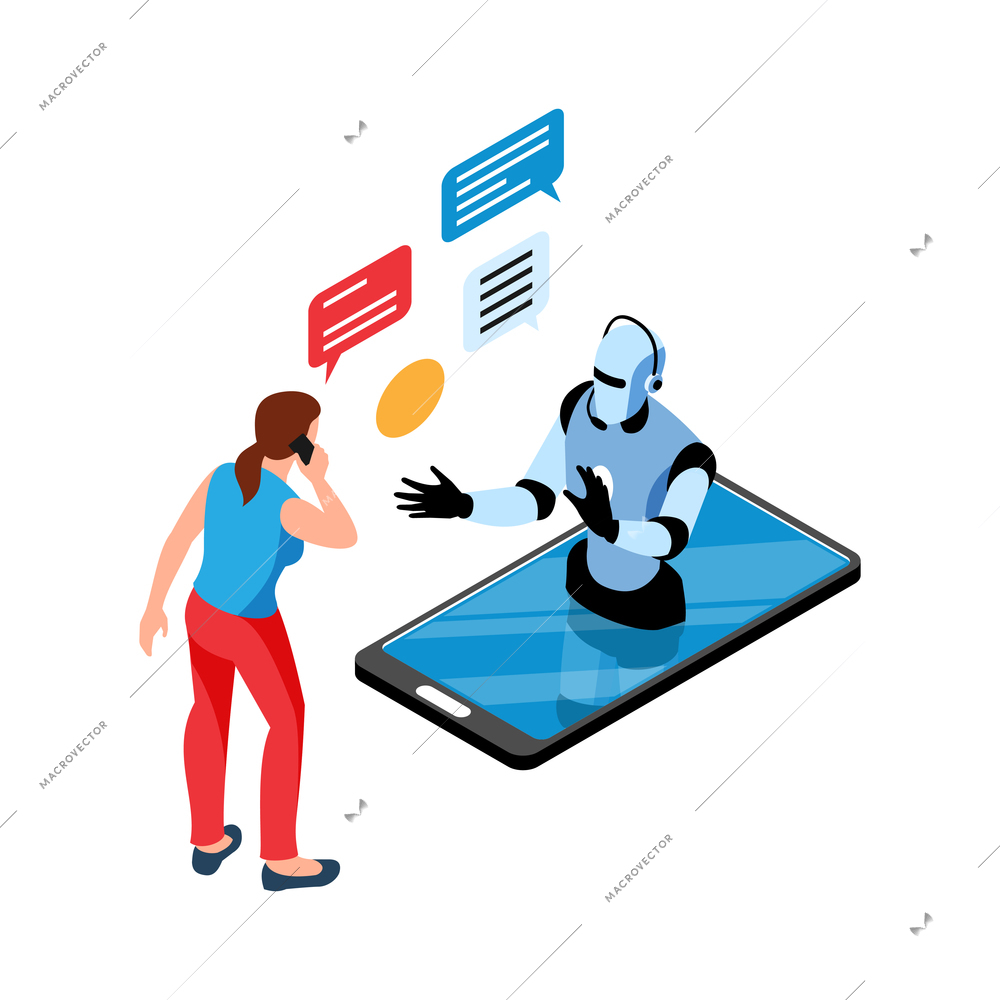 Isometric call center support composition with girl and smartphone with robot and chat bubbles vector illustration