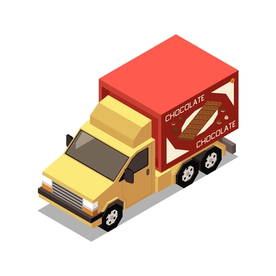 Chocolate production isometric composition with isolated image of truck vector illustration