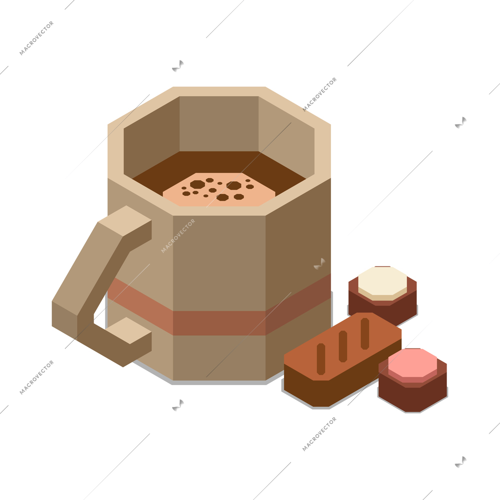 Chocolate production isometric composition with isolated image of coffee cup with few chocolate candies vector illustration