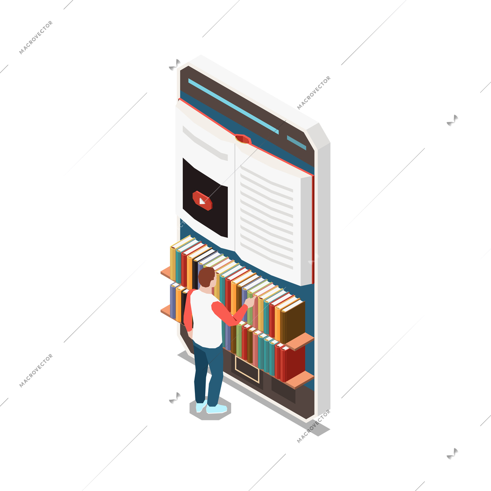 Online education isometric concept icons composition with isolated image of smartphone with bookshelves and guy choosing book vector illustration