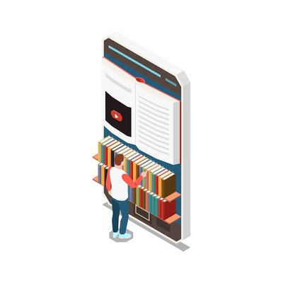 Online education isometric concept icons composition with isolated image of smartphone with bookshelves and guy choosing book vector illustration