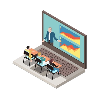 Online education isometric concept icons composition with isolated image of laptop with desks pupils and teacher on screen vector illustration