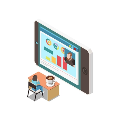 Online education isometric concept icons composition with isolated image of smartphone tutor and student at desk vector illustration