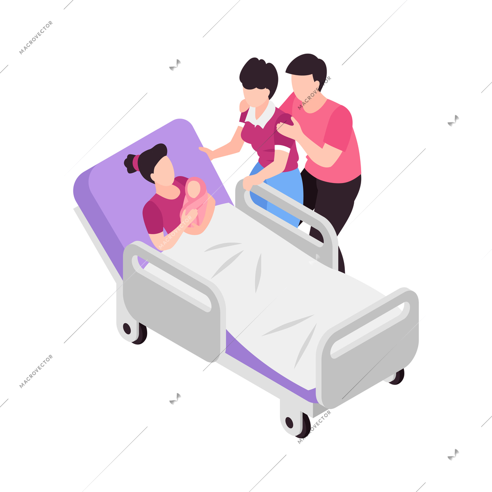 Isometric surrogacy adoption custody composition with characters of parents with surrogate mother in hospital bed holding newborn baby vector illustration