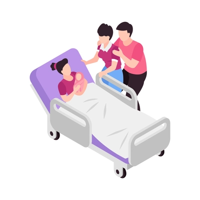 Isometric surrogacy adoption custody composition with characters of parents with surrogate mother in hospital bed holding newborn baby vector illustration