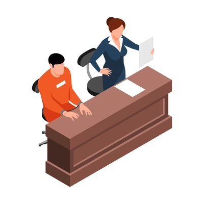 Isometric lawyer composition with characters of attorney and protegee at court tribune vector illustration