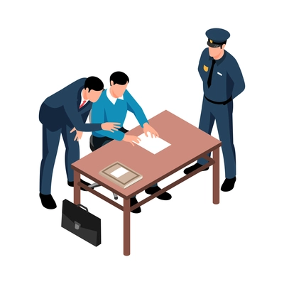 Isometric lawyer composition with characters of client with attorney and police officer vector illustration