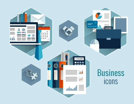 Business office stationery items and elements hexagon flat concepts icons set isolated vector illustration