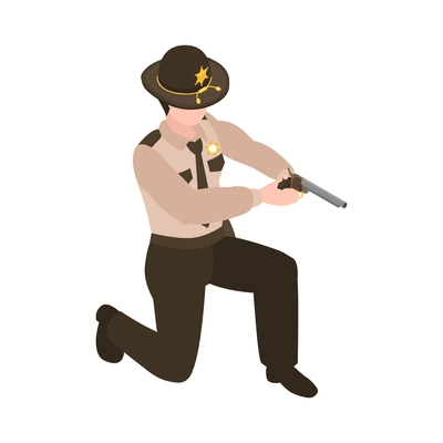 Isometric sheriff composition with character of sheriff standing on knee pointing pistol vector illustration